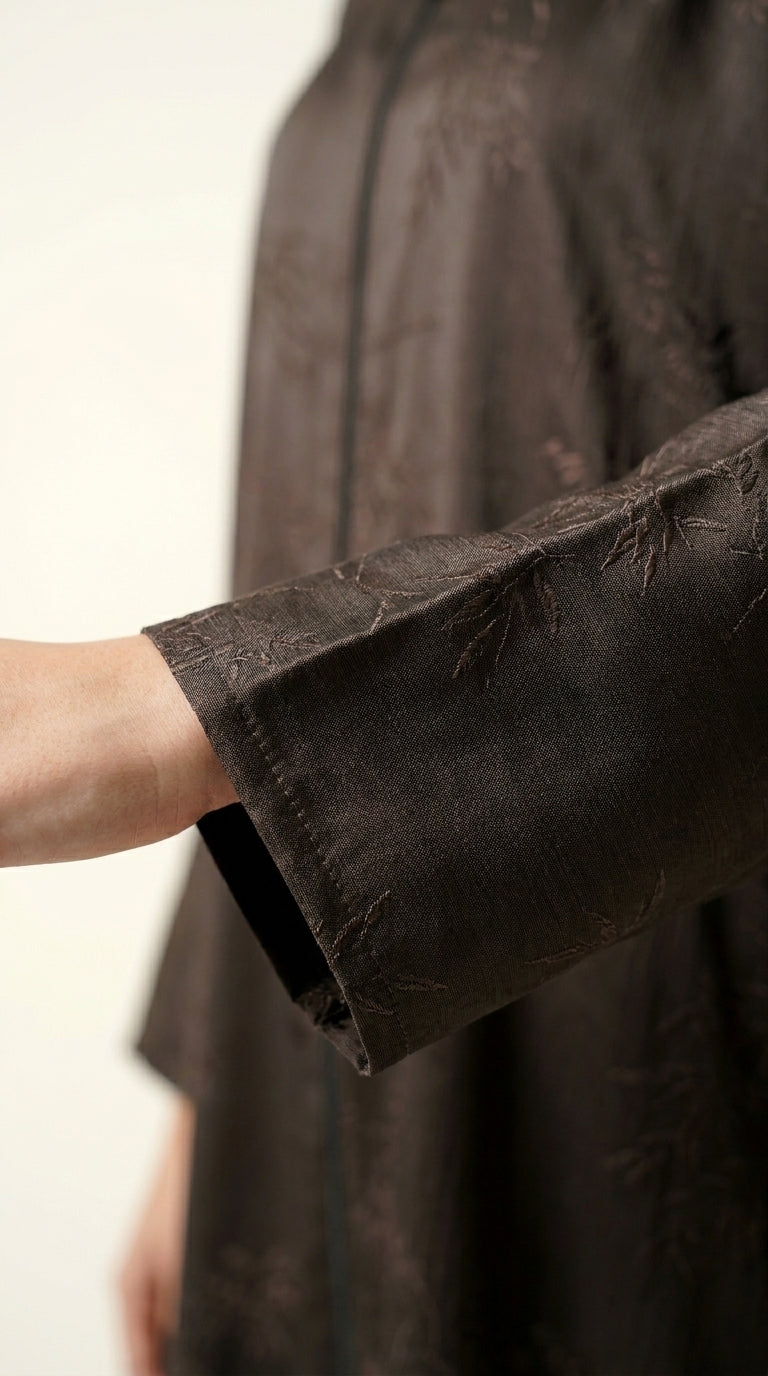 Brown Maryam Bamboo Leaf Work Open Abaya with Zip Aromique
