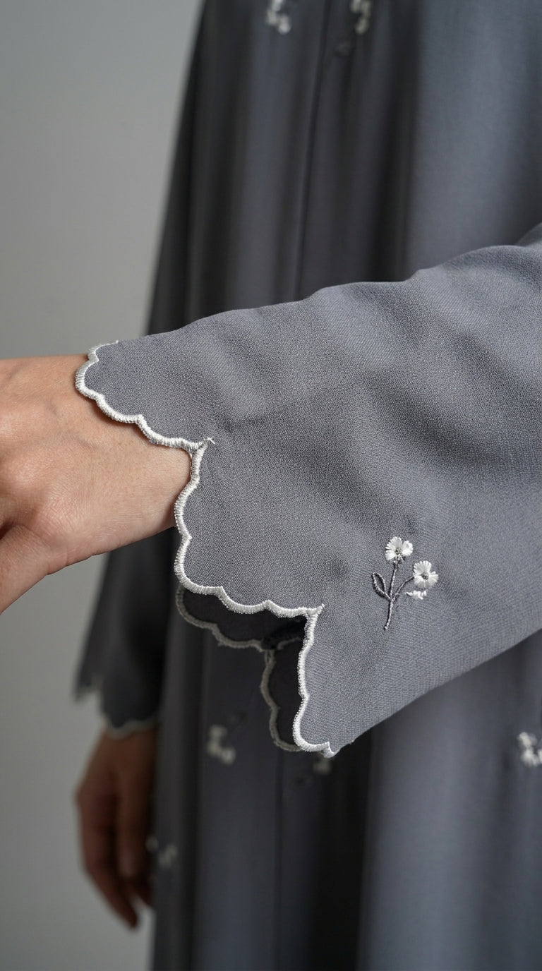 Grey Open Abaya with Dainty Floral Embroidery Aromique