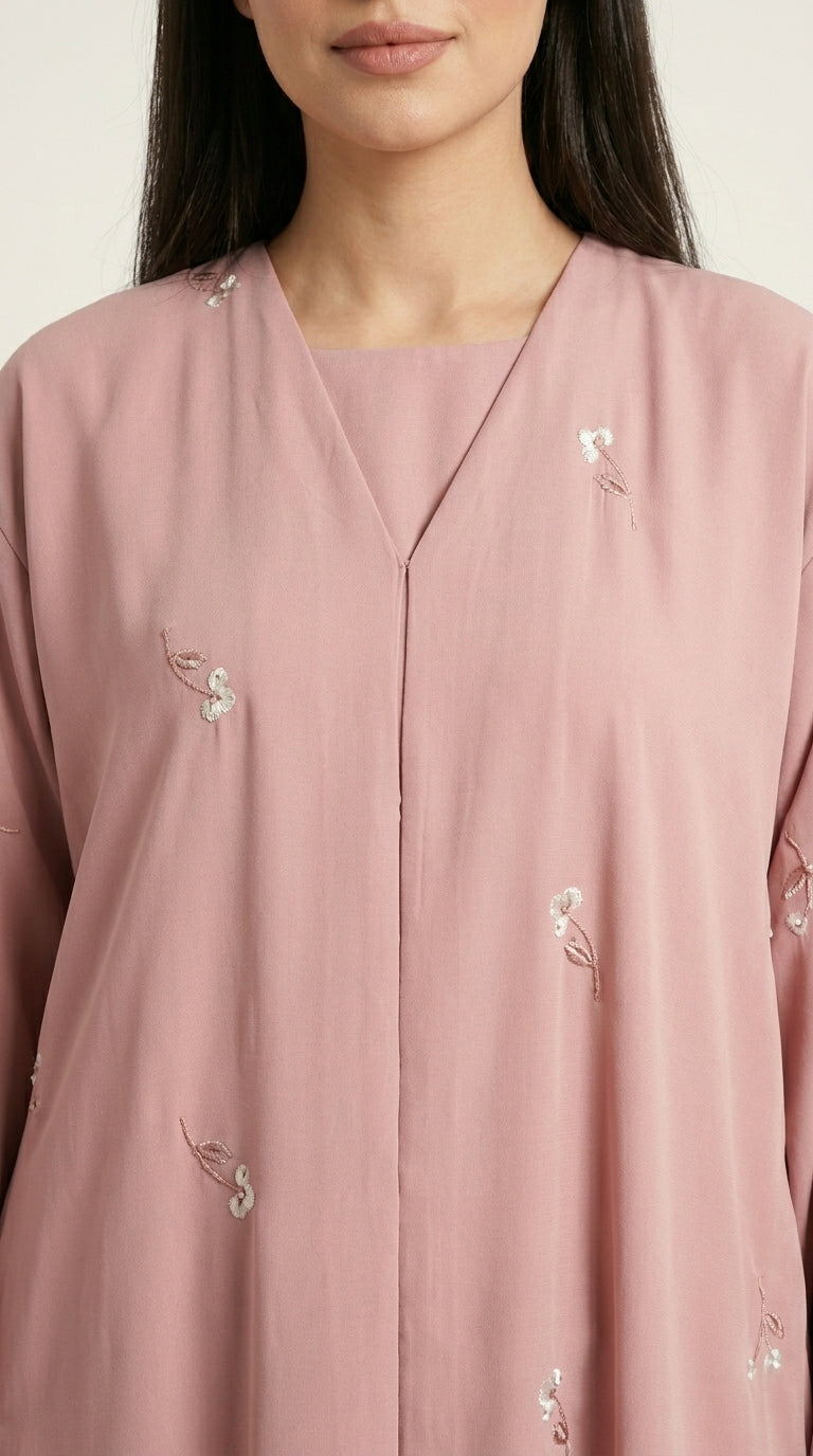 Pink Open Abaya with Dainty Floral Embroidery Aromique