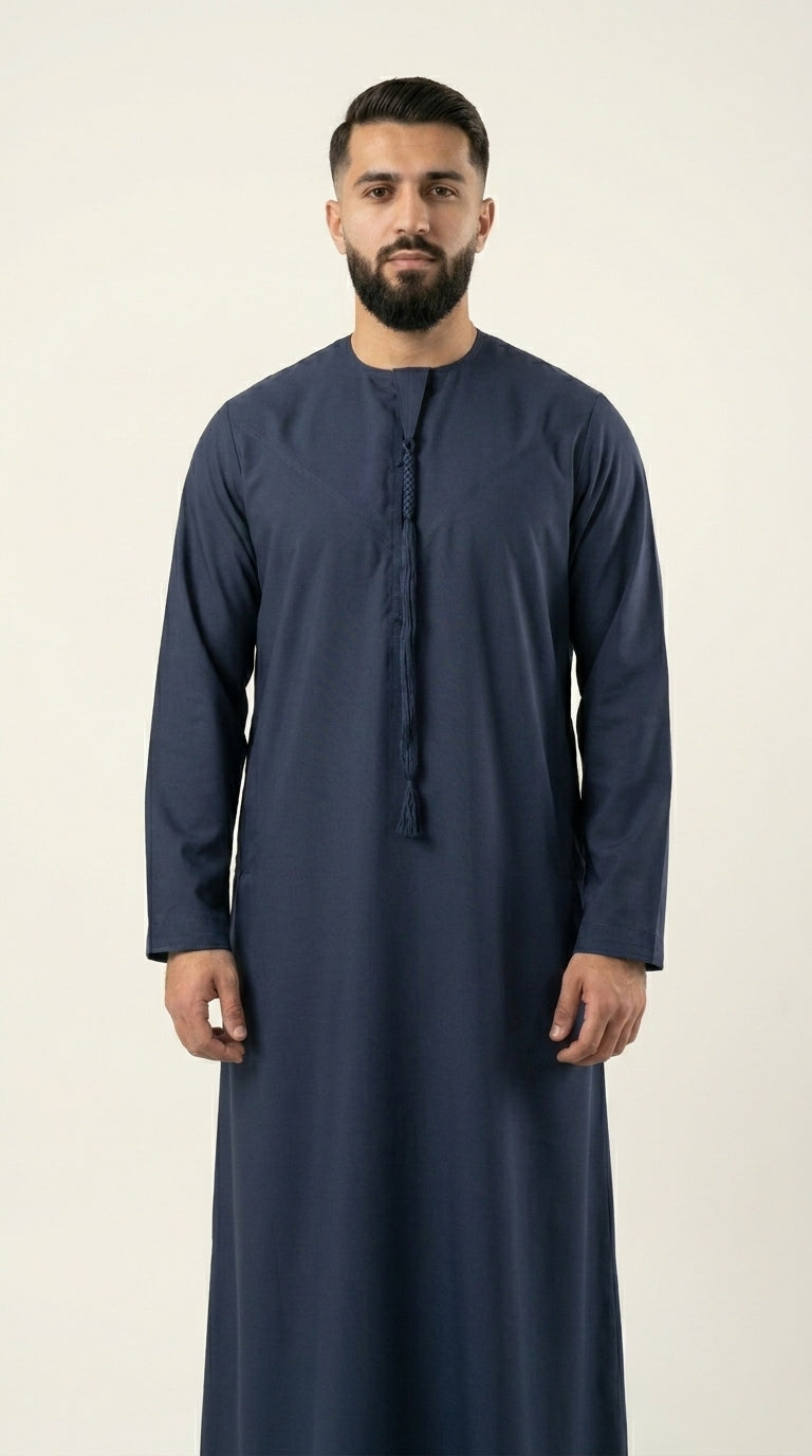 Navy Blue Emirati Thobe with Tassel  Aromique