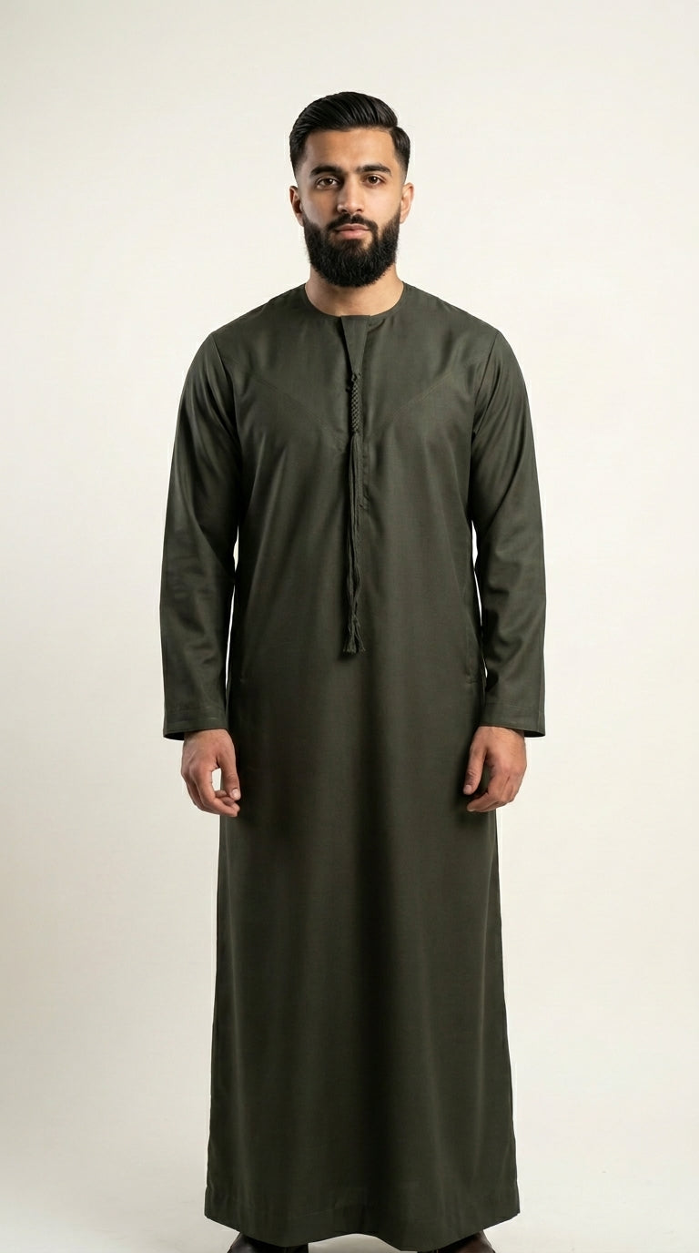 Olive Green Emirati Thobe with Tassel  Aromique