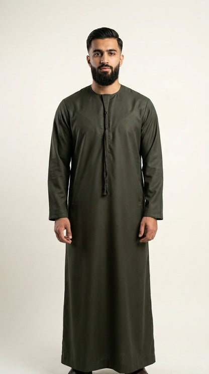Olive Green Emirati Thobe with Tassel  Aromique