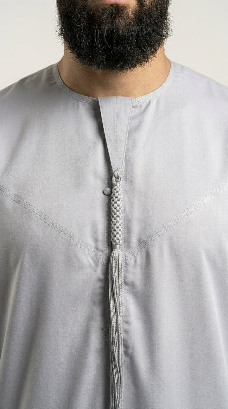 Matte Silver Grey Emirati Thobe with Tassel  Aromique