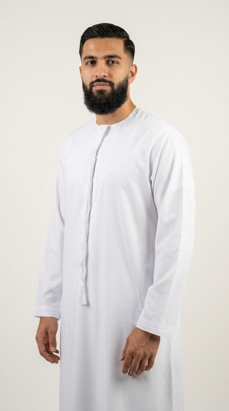 Shiny White Emirati Thobe with Tassel  Aromique