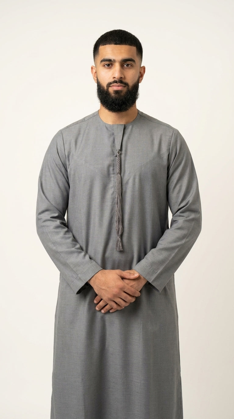 Light Ash Grey Emirati Thobe with Tassel  Aromique