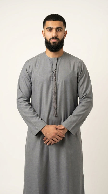 Light Ash Grey Emirati Thobe with Tassel  Aromique