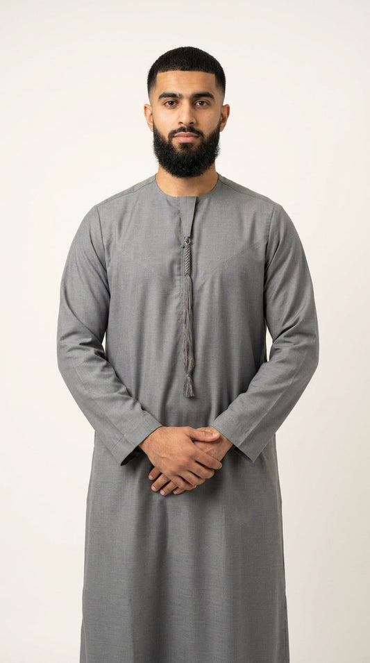 Light Ash Grey Emirati Thobe with Tassel  Aromique