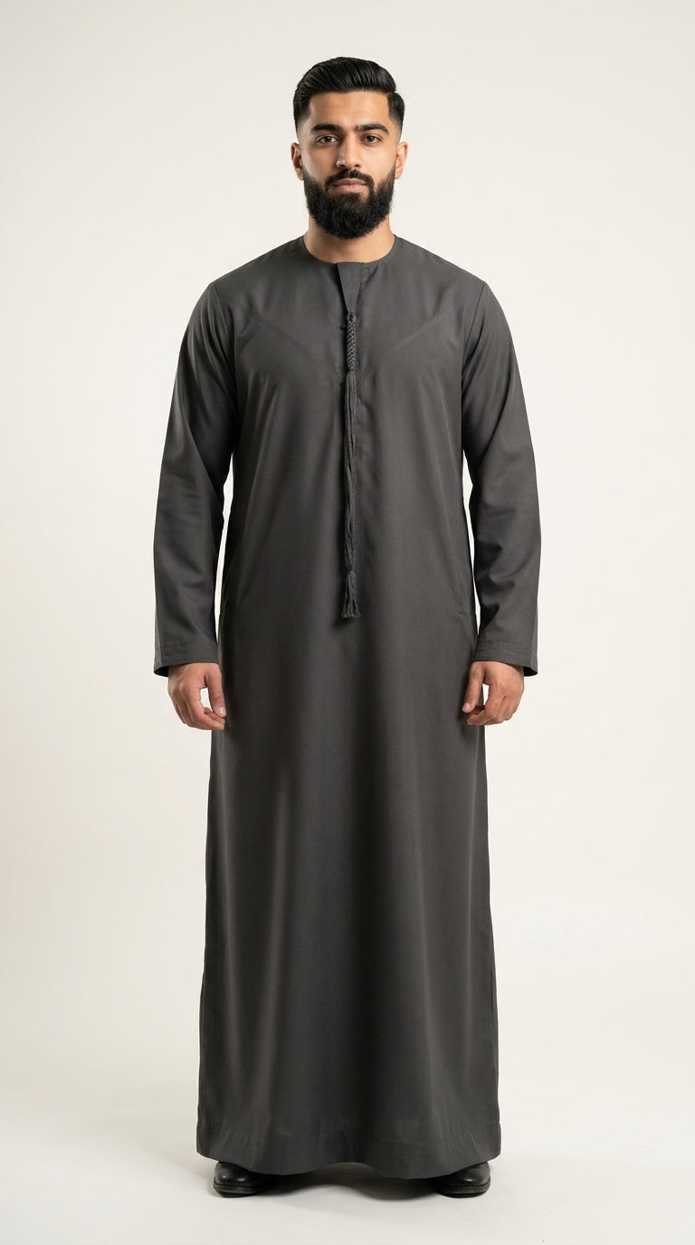 Charcoal Grey Emirati Thobe with Tassel  Aromique