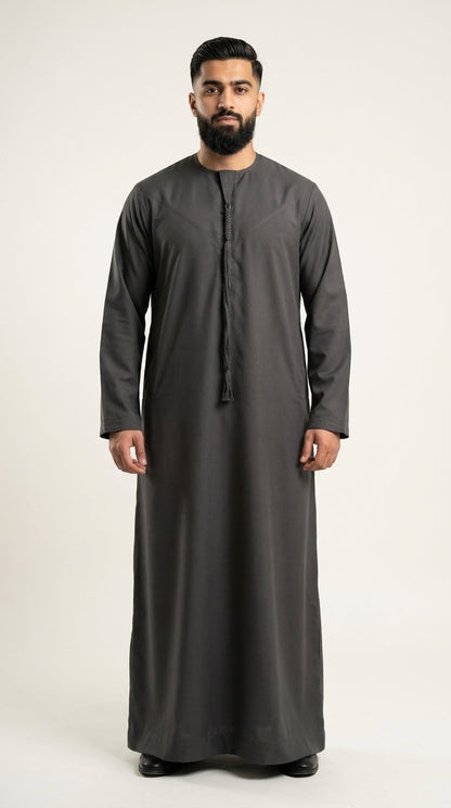 Charcoal Grey Emirati Thobe with Tassel  Aromique