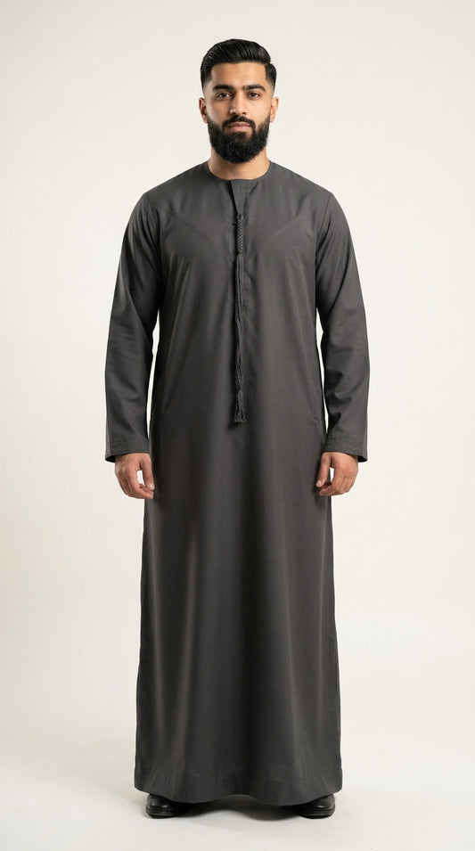 Charcoal Grey Emirati Thobe with Tassel  Aromique