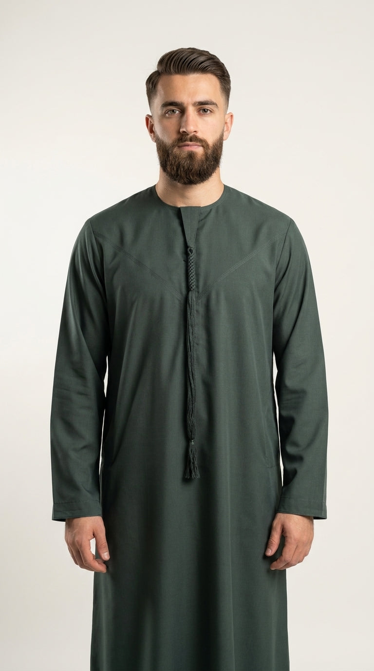 Matte Forest Green Emirati Thobe with Tassel  Aromique