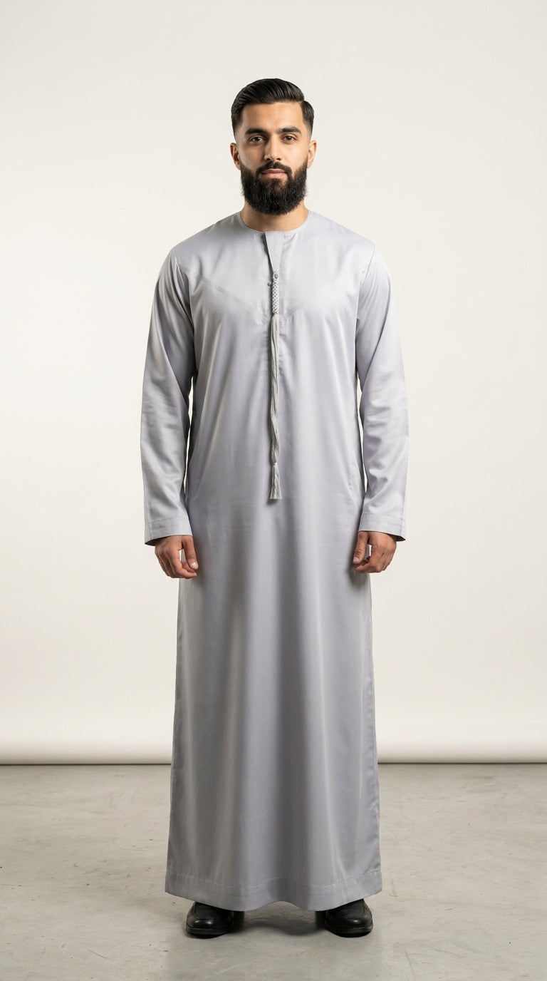 Matte Silver Grey Emirati Thobe with Tassel  Aromique