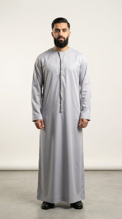 Matte Silver Grey Emirati Thobe with Tassel  Aromique