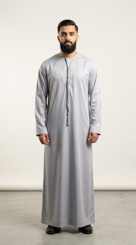 Matte Silver Grey Emirati Thobe with Tassel  Aromique