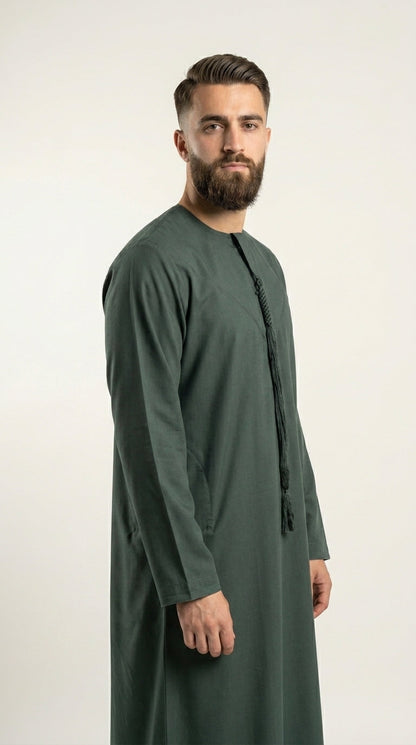 Matte Forest Green Emirati Thobe with Tassel  Aromique