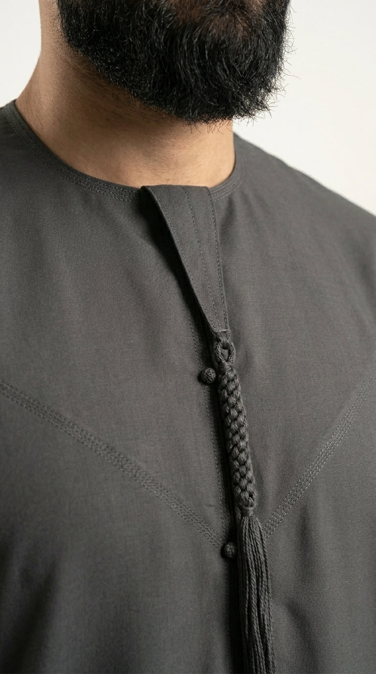 Charcoal Grey Emirati Thobe with Tassel  Aromique