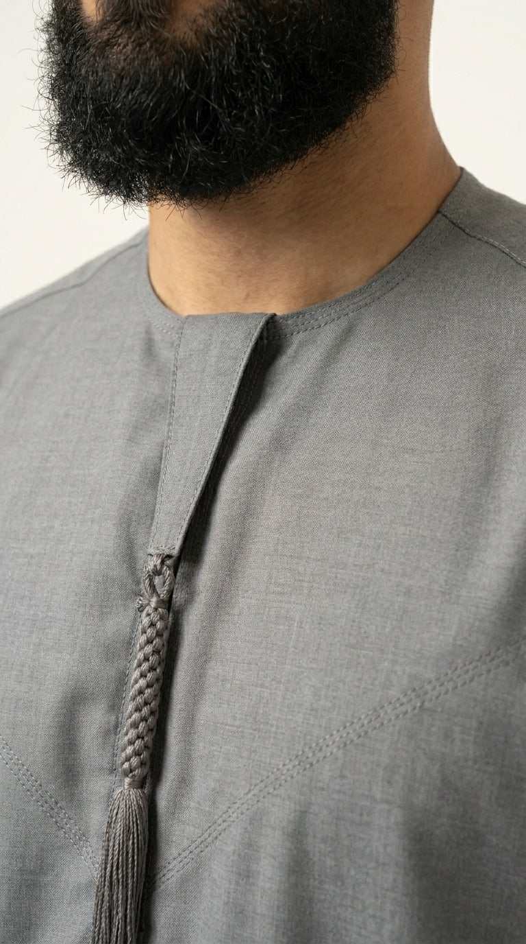 Light Ash Grey Emirati Thobe with Tassel  Aromique