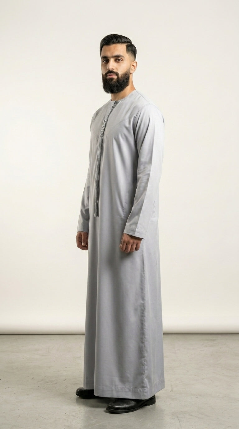 Matte Silver Grey Emirati Thobe with Tassel  Aromique