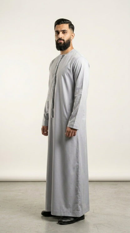 Matte Silver Grey Emirati Thobe with Tassel  Aromique