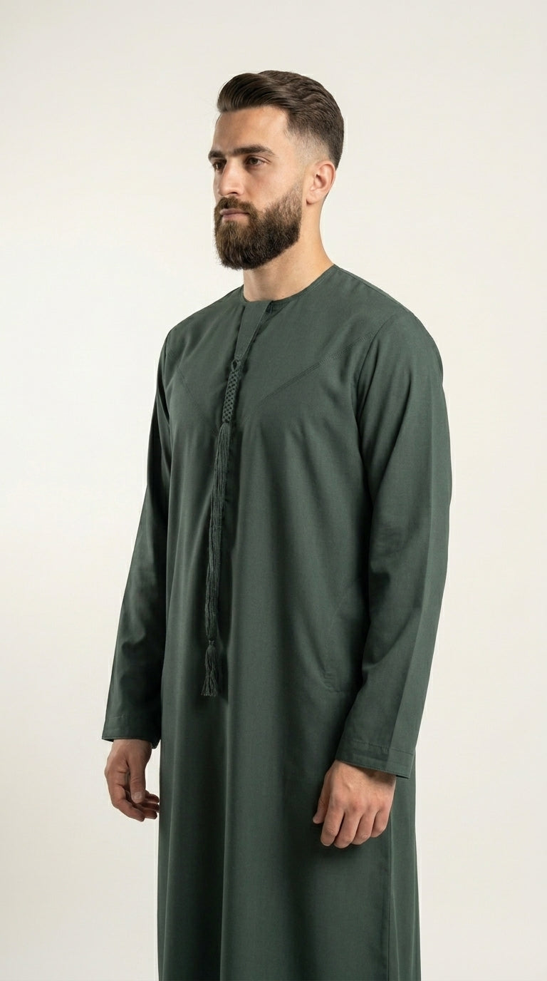 Matte Forest Green Emirati Thobe with Tassel  Aromique