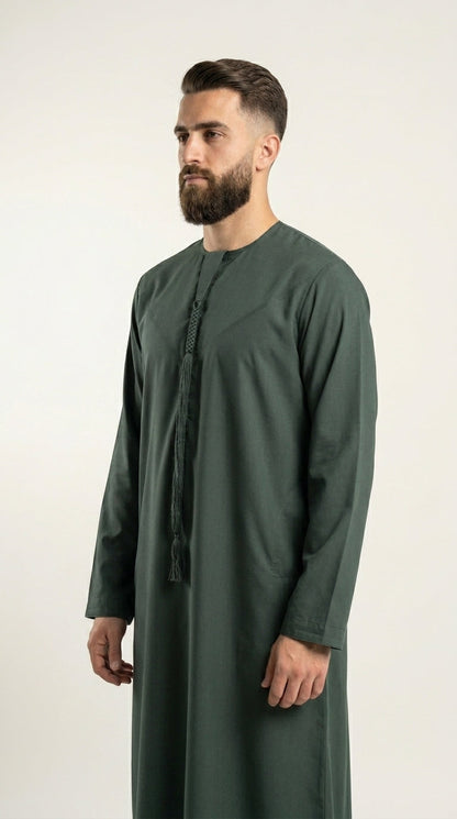 Matte Forest Green Emirati Thobe with Tassel  Aromique