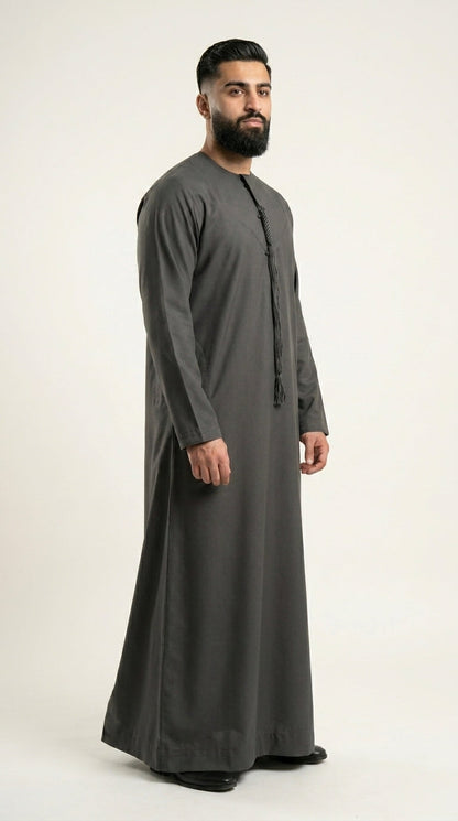 Charcoal Grey Emirati Thobe with Tassel  Aromique
