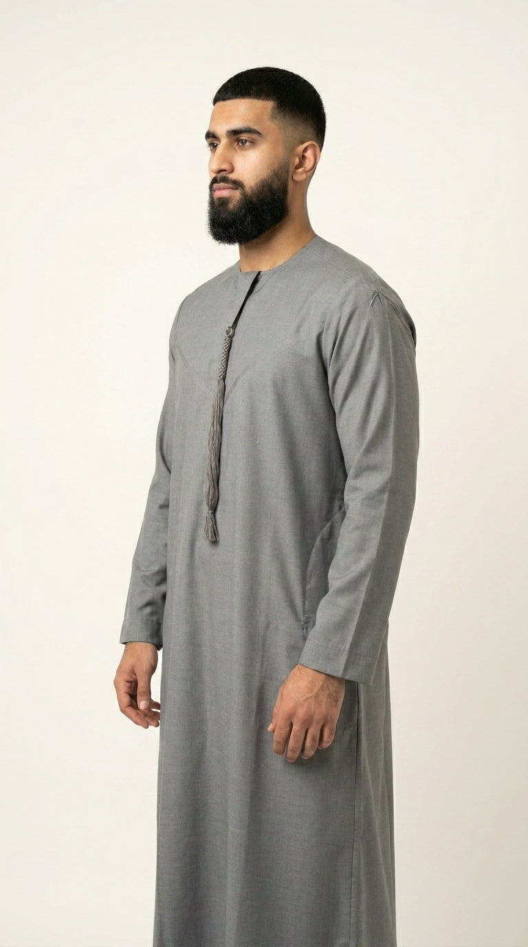 Light Ash Grey Emirati Thobe with Tassel  Aromique