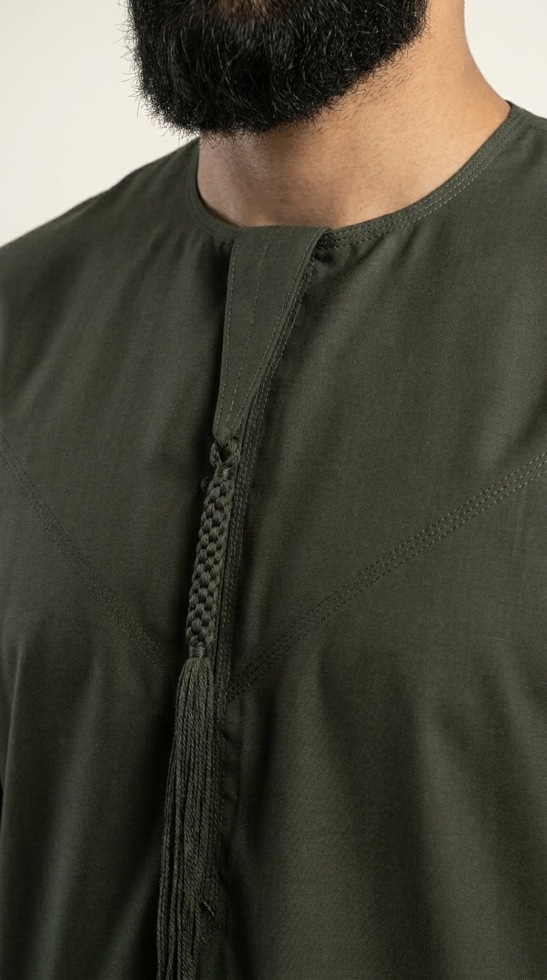 Olive Green Emirati Thobe with Tassel  Aromique