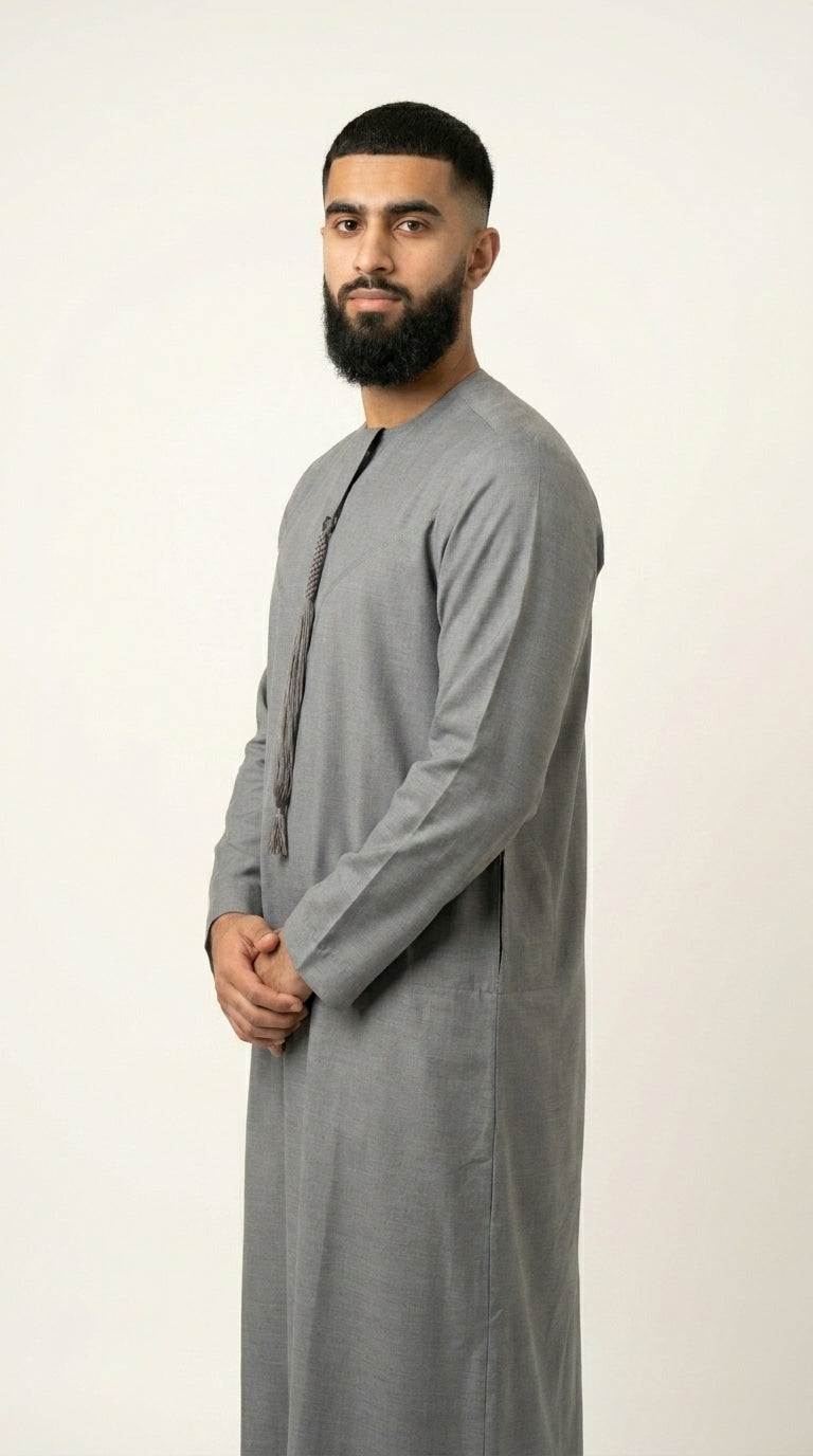 Light Ash Grey Emirati Thobe with Tassel  Aromique