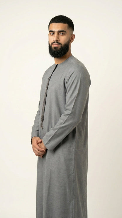 Light Ash Grey Emirati Thobe with Tassel  Aromique