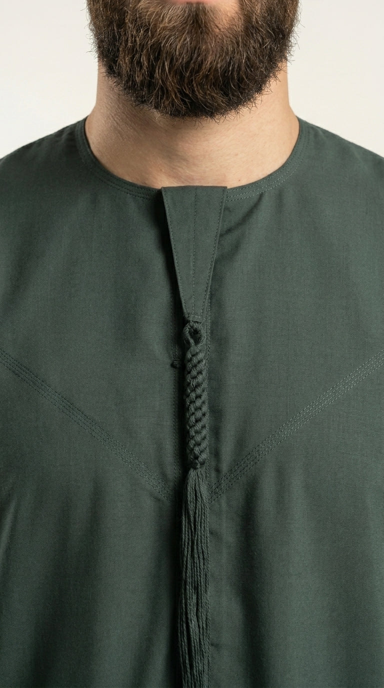 Matte Forest Green Emirati Thobe with Tassel  Aromique