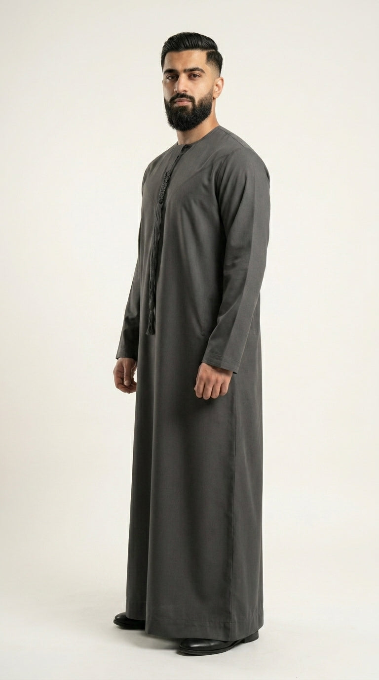 Charcoal Grey Emirati Thobe with Tassel  Aromique