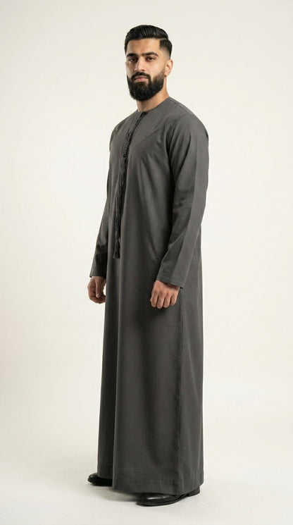 Charcoal Grey Emirati Thobe with Tassel  Aromique