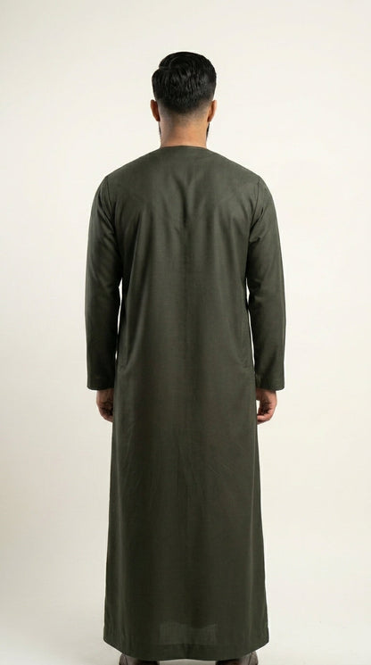 Olive Green Emirati Thobe with Tassel  Aromique