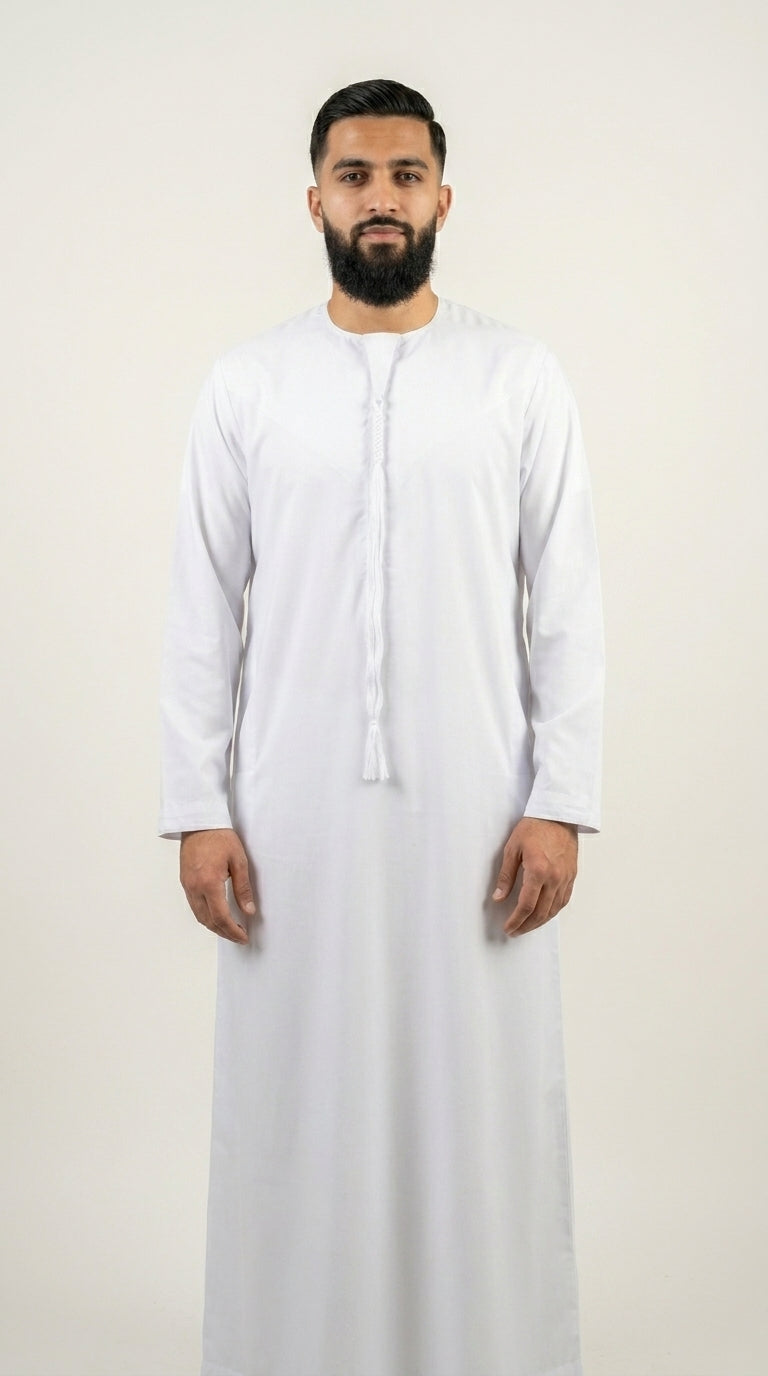 Shiny White Emirati Thobe with Tassel  Aromique