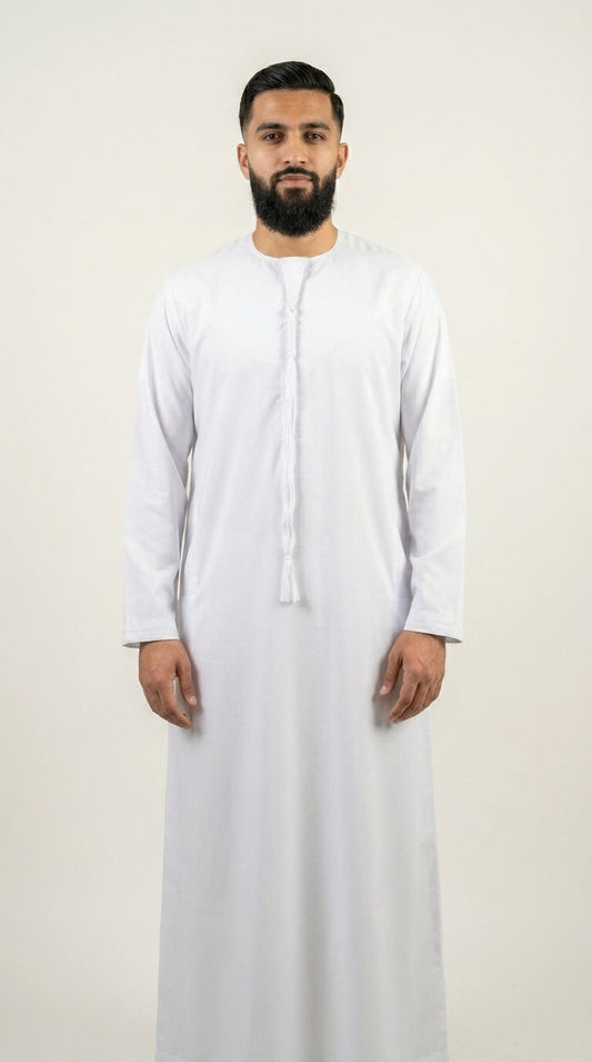 Shiny White Emirati Thobe with Tassel  Aromique