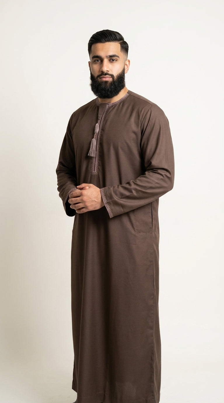 Chocolate Brown Emirati Thobe with Tassel  Aromique
