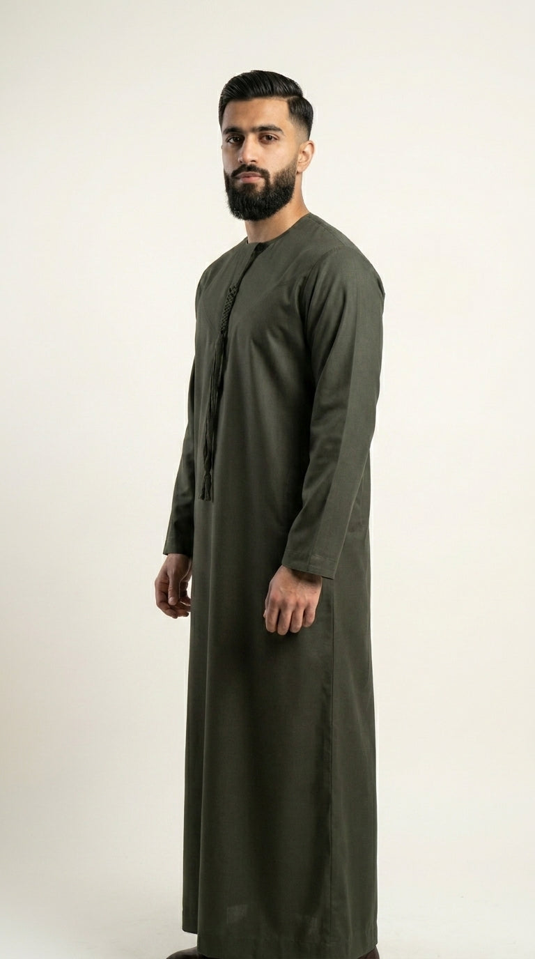 Olive Green Emirati Thobe with Tassel  Aromique
