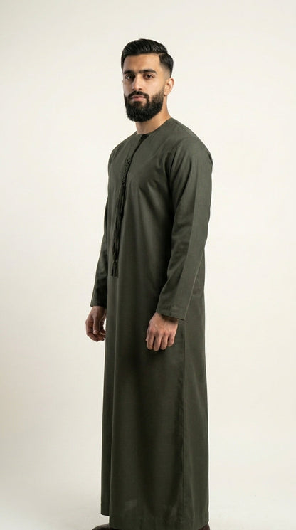 Olive Green Emirati Thobe with Tassel  Aromique