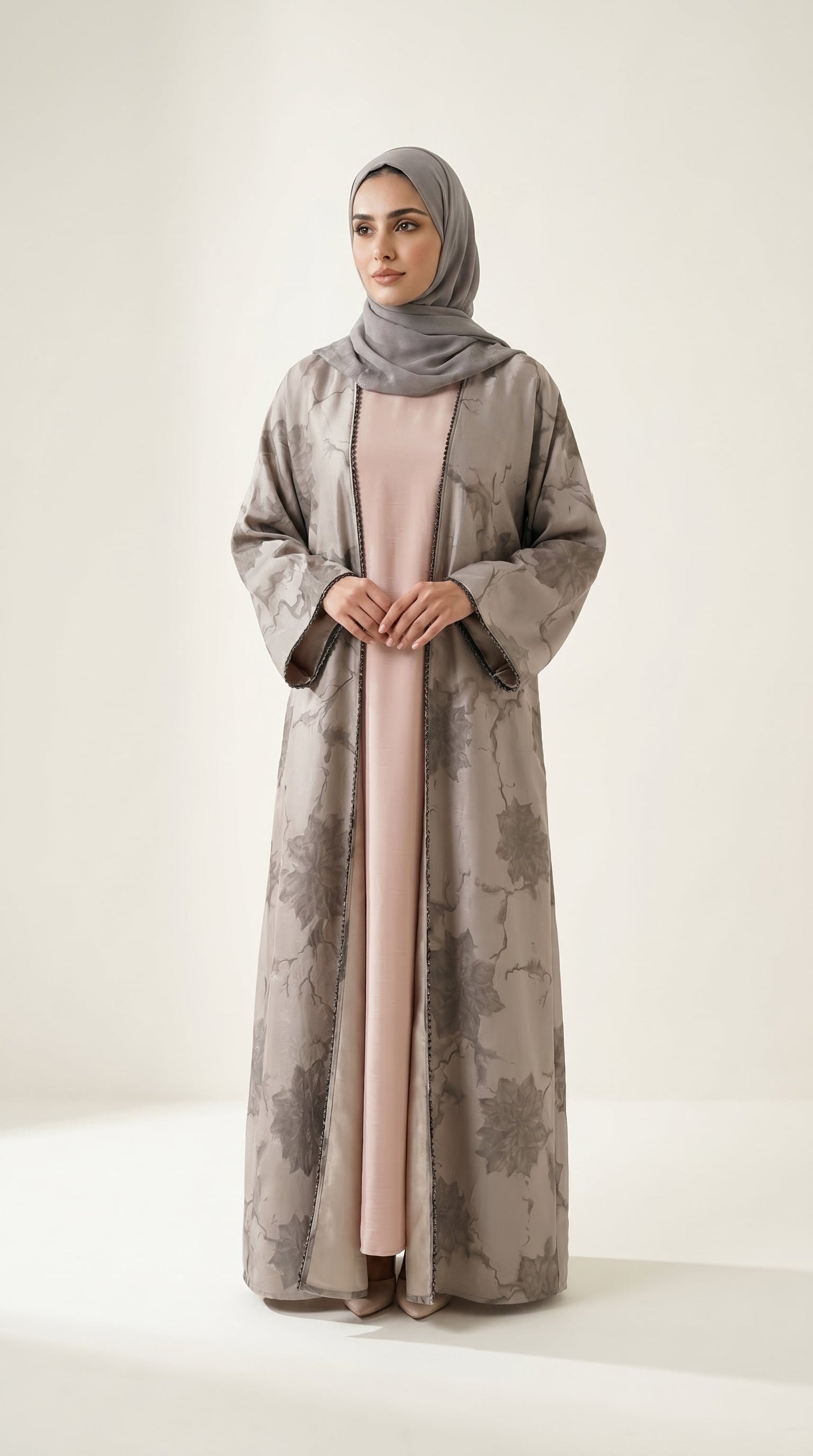 Beige Leaf Print 3-Pieces Set Open Abaya  Aromique