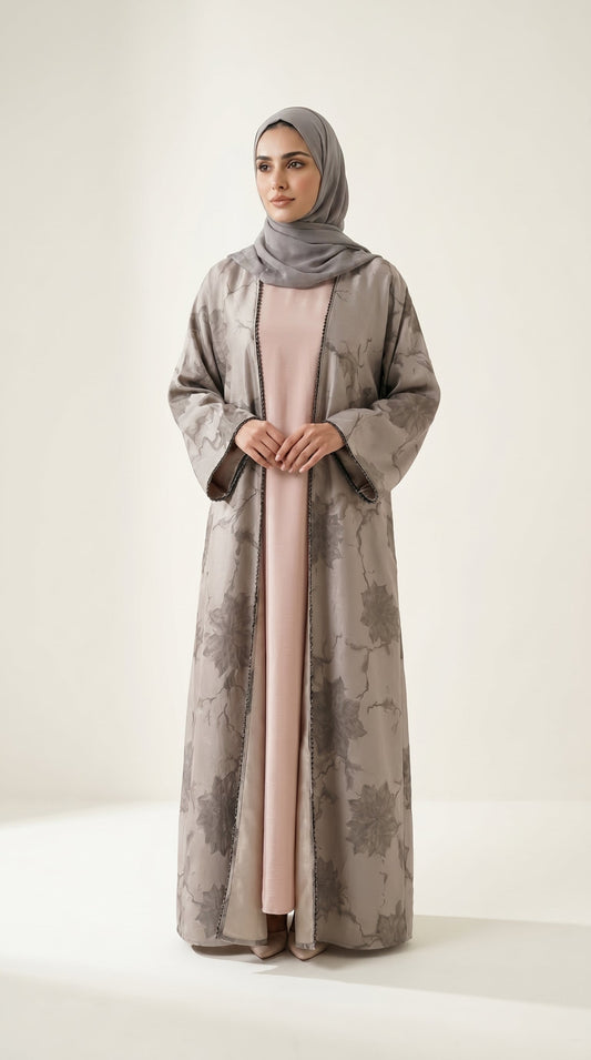 Beige Leaf Print 3-Pieces Set Open Abaya  Aromique