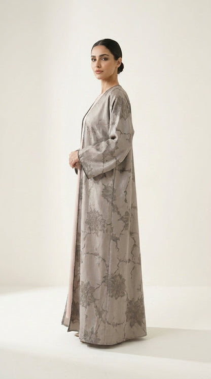 Beige Leaf Print 3-Pieces Set Open Abaya  Aromique