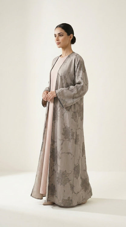 Beige Leaf Print 3-Pieces Set Open Abaya  Aromique