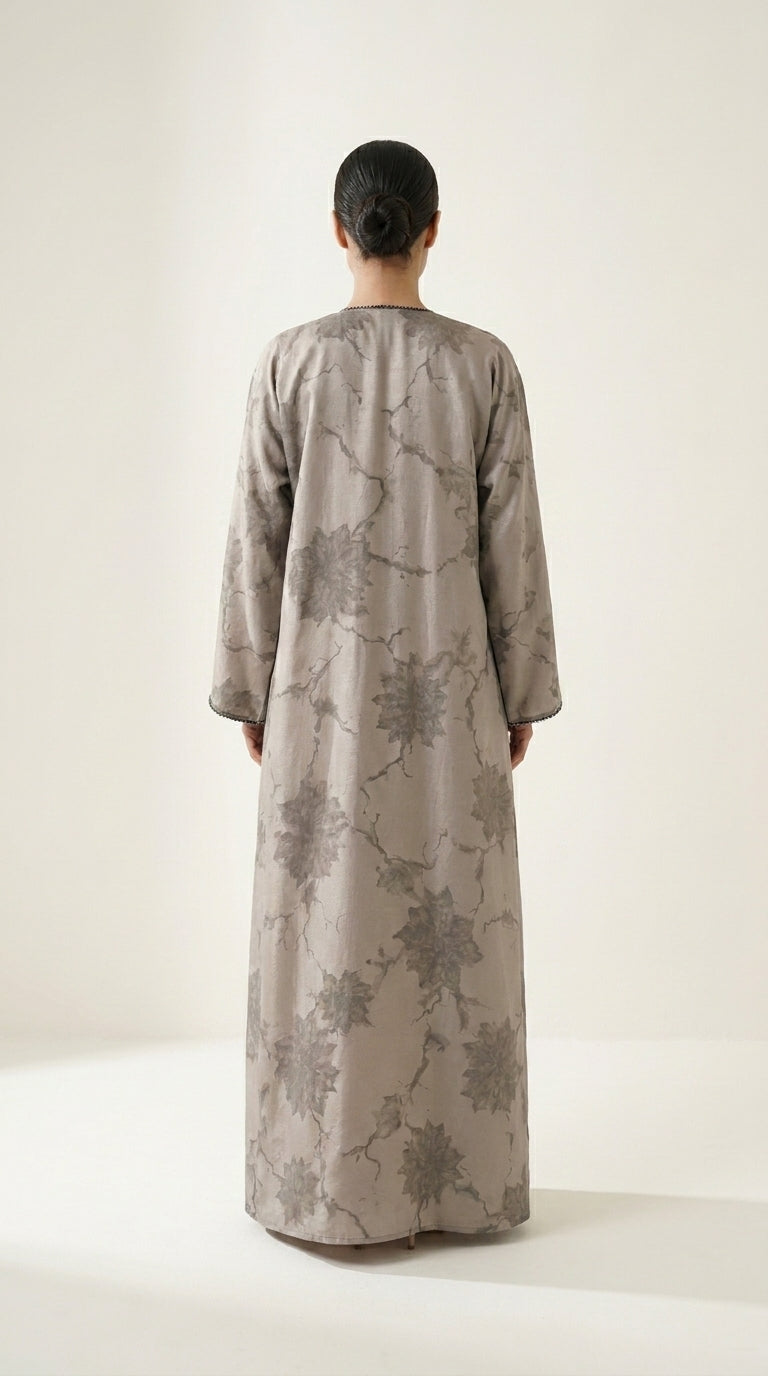 Beige Leaf Print 3-Pieces Set Open Abaya  Aromique