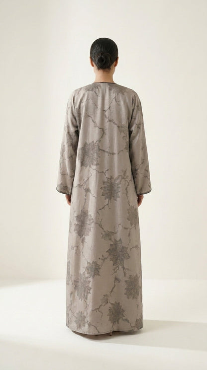 Beige Leaf Print 3-Pieces Set Open Abaya  Aromique