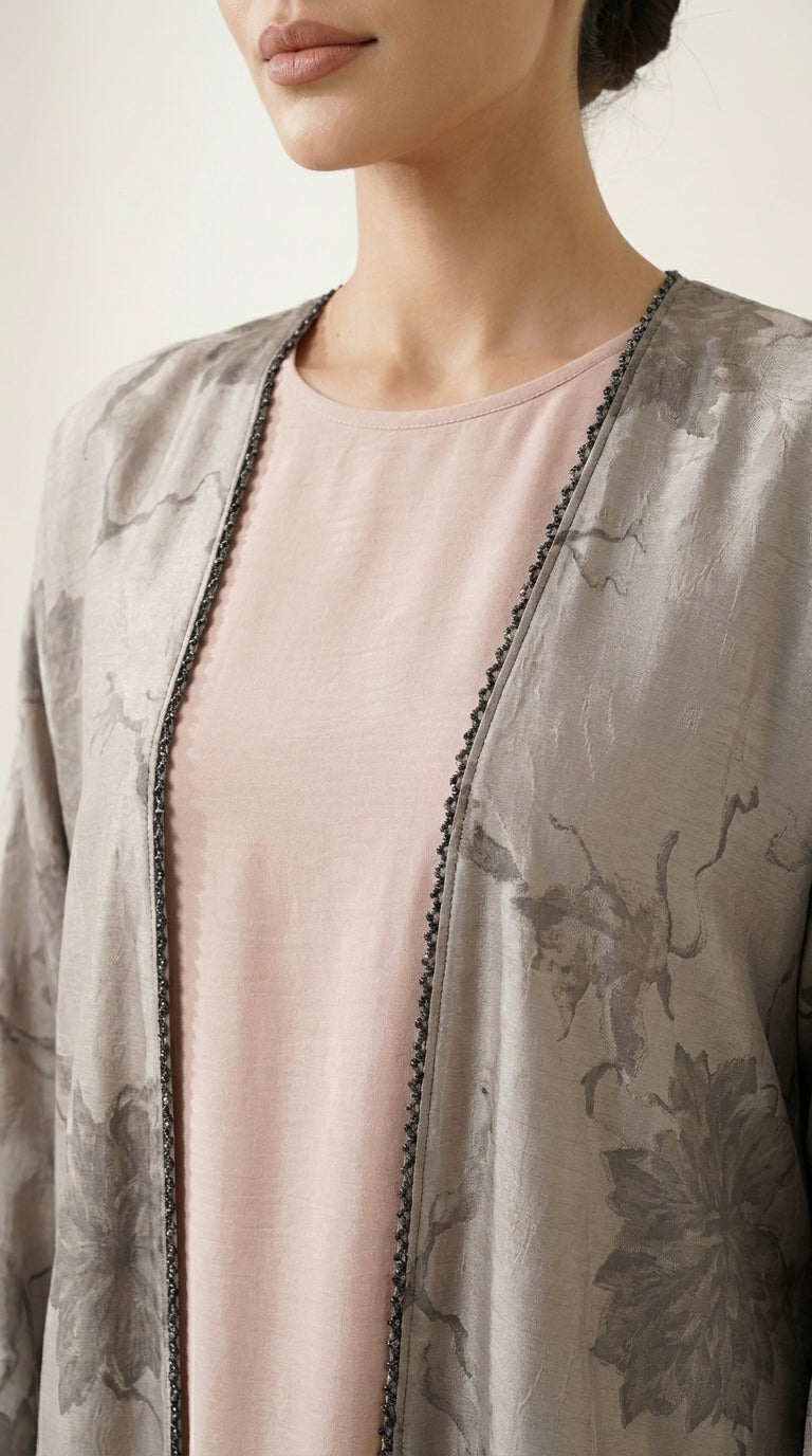 Beige Leaf Print 3-Pieces Set Open Abaya  Aromique