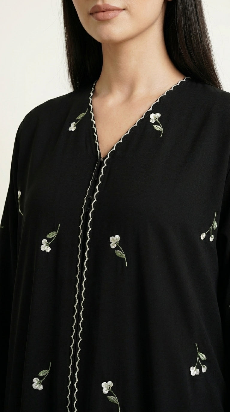 Black Closed Abaya with Dainty Floral Embroidery  Aromique