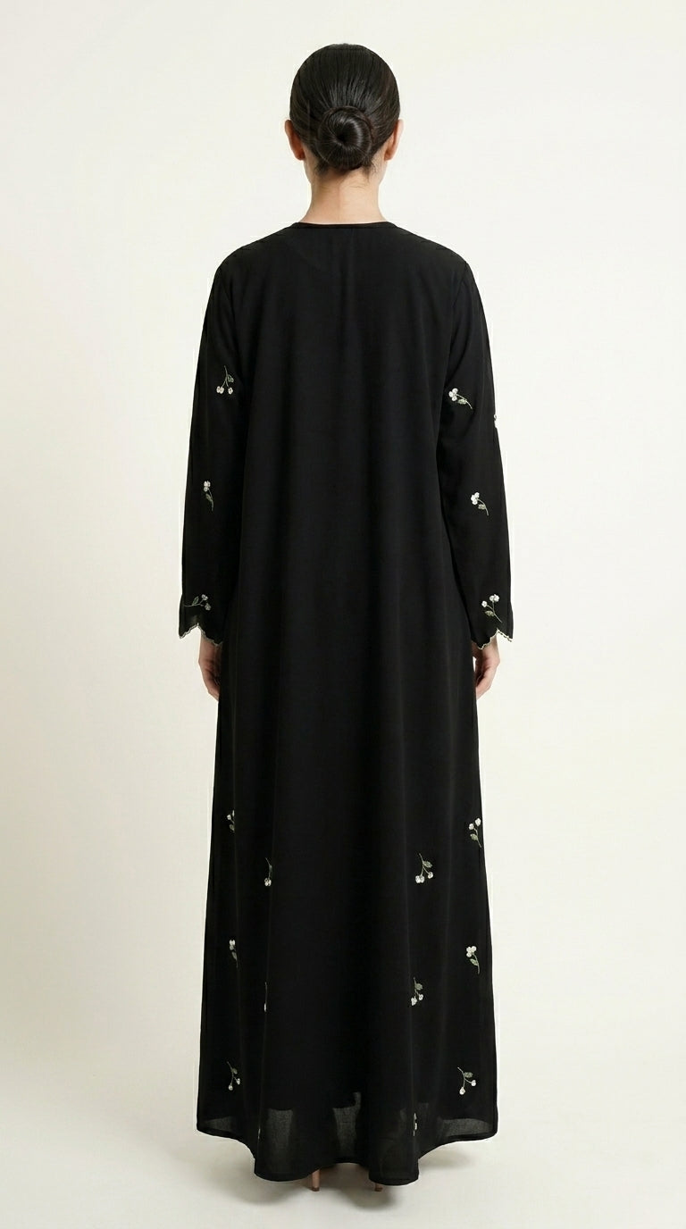 Black Closed Abaya with Dainty Floral Embroidery  Aromique