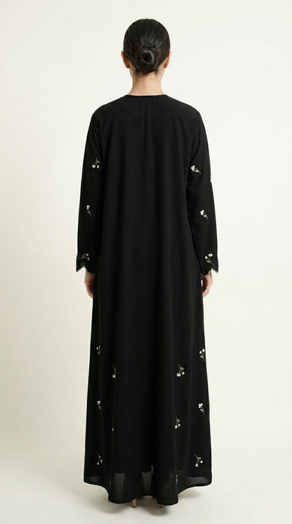 Black Closed Abaya with Dainty Floral Embroidery  Aromique