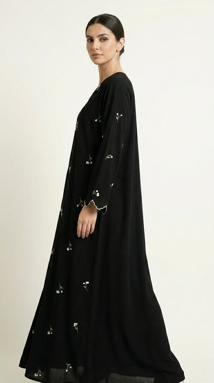 Black Closed Abaya with Dainty Floral Embroidery  Aromique
